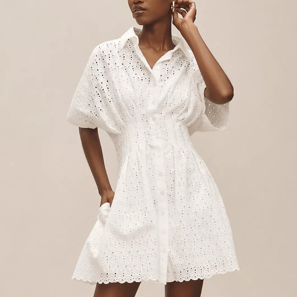 Anthropologie The Tobie Eyelet Mini Shirt Dress by Exquise White XSP NWT XS P - Picture 6 of 9